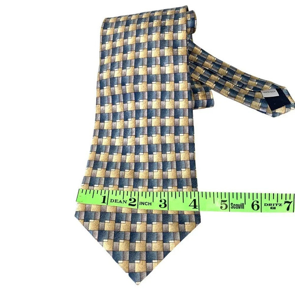 Pierre Cardin Silk Tie Geometric Design Muted Blue Yellow, New Without Tags - Picture 5 of 5
